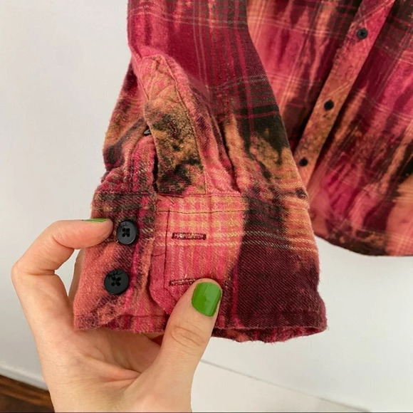 Upcycled Bleached Boho Flannel Plaid Button Down Shirt Medium Embroidered Floral - Picture 9 of 15